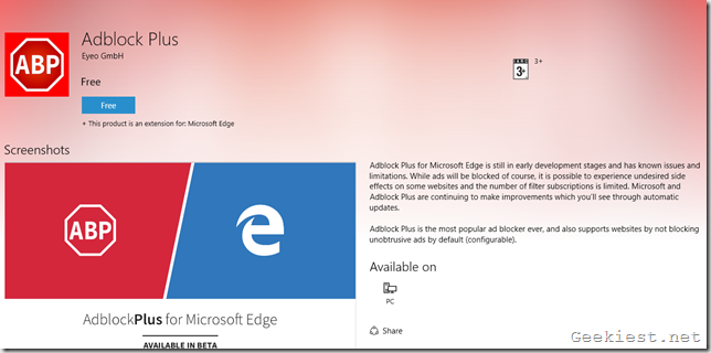 AdBlock Plus Microsoft Edge Extension