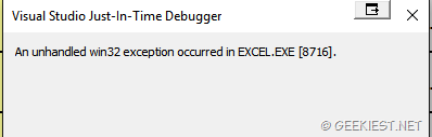An unhandled win32 exception occurred in EXCEL-EXE [8716]