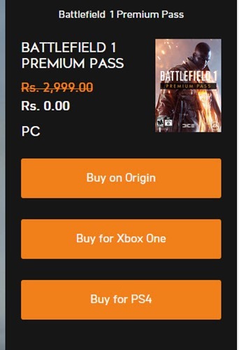 Battlefield 1 Premium Pass worth INR 2999 for FREE