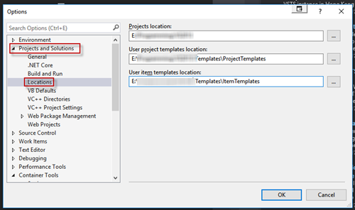 Change Default folder locations Visual Studio 2017