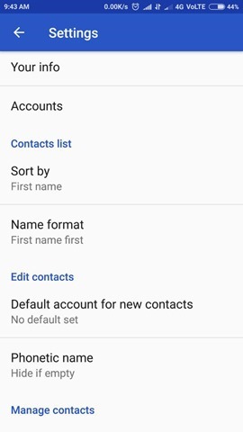 Google Contacts App Settings