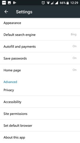 Microsoft Edge for Android Settings