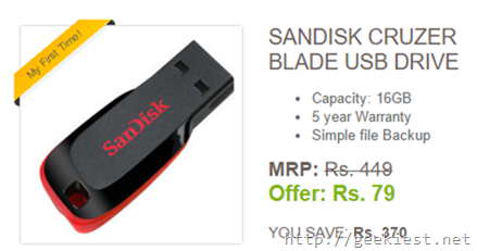 Sandisk Cruzer Blade 16GB USB Drive for just INR 79