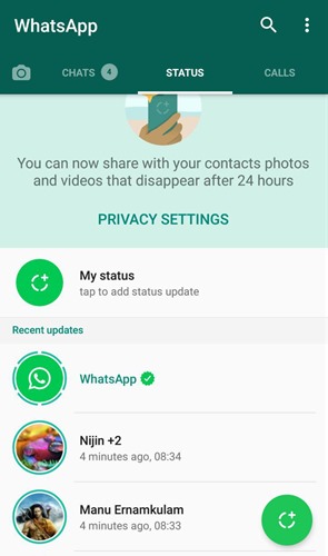 WhatsApp status privacy settings