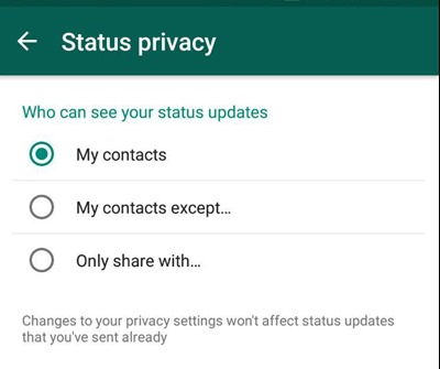 WhatsApp status privacy settings options