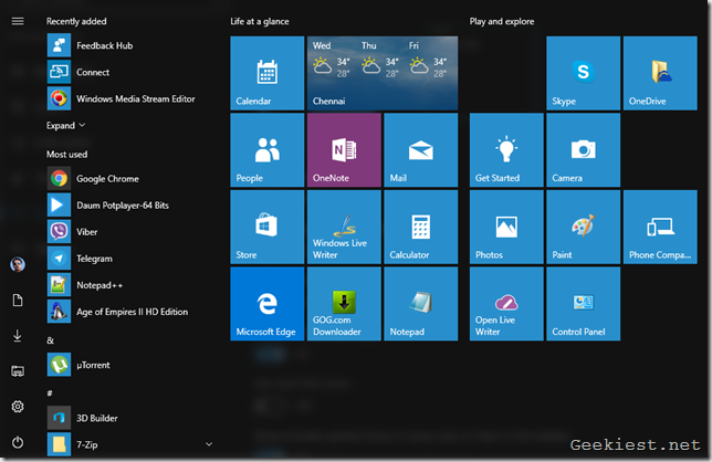 Windows 10 Anniversary Update Start Screen