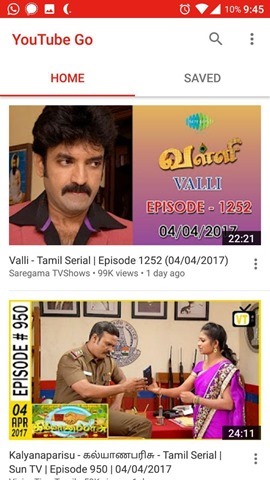YouTube GO app homescreen