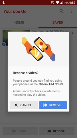 YouTube GO app receive video