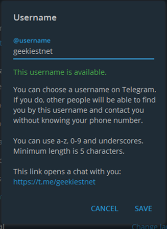 set username telegram