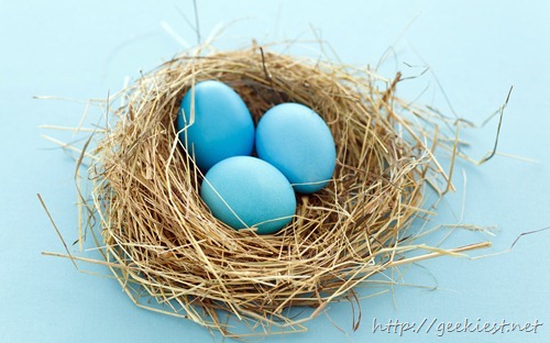 Painted eggs in a nest made of straw